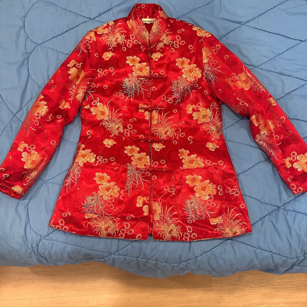 Newport News Red Mandarin Jacket with Gold Floral Design and Warm Silky Lining